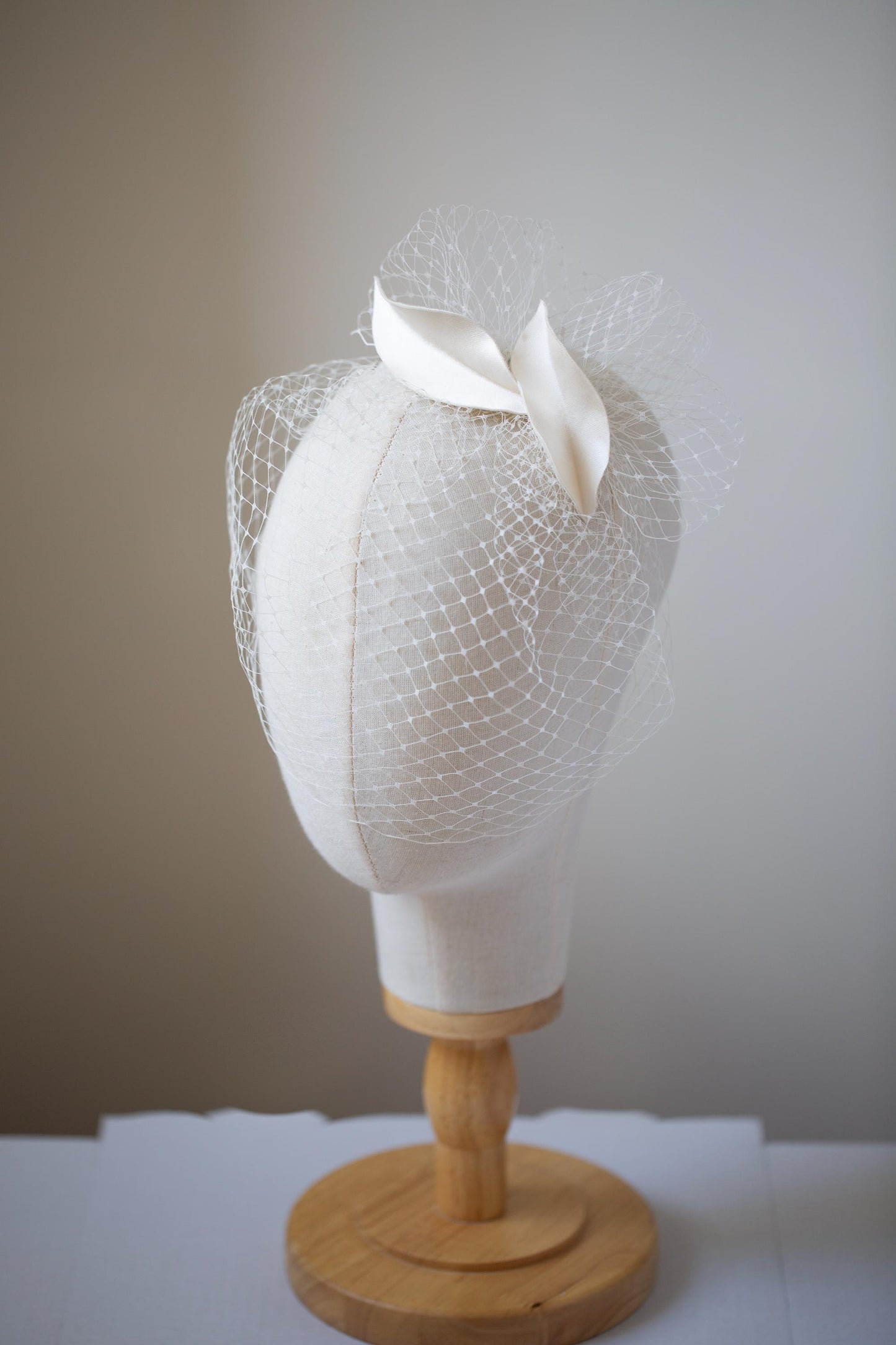 Ivory Bridal Birdcage Veil Fascinator: Silk Satin Leaves Headpiece