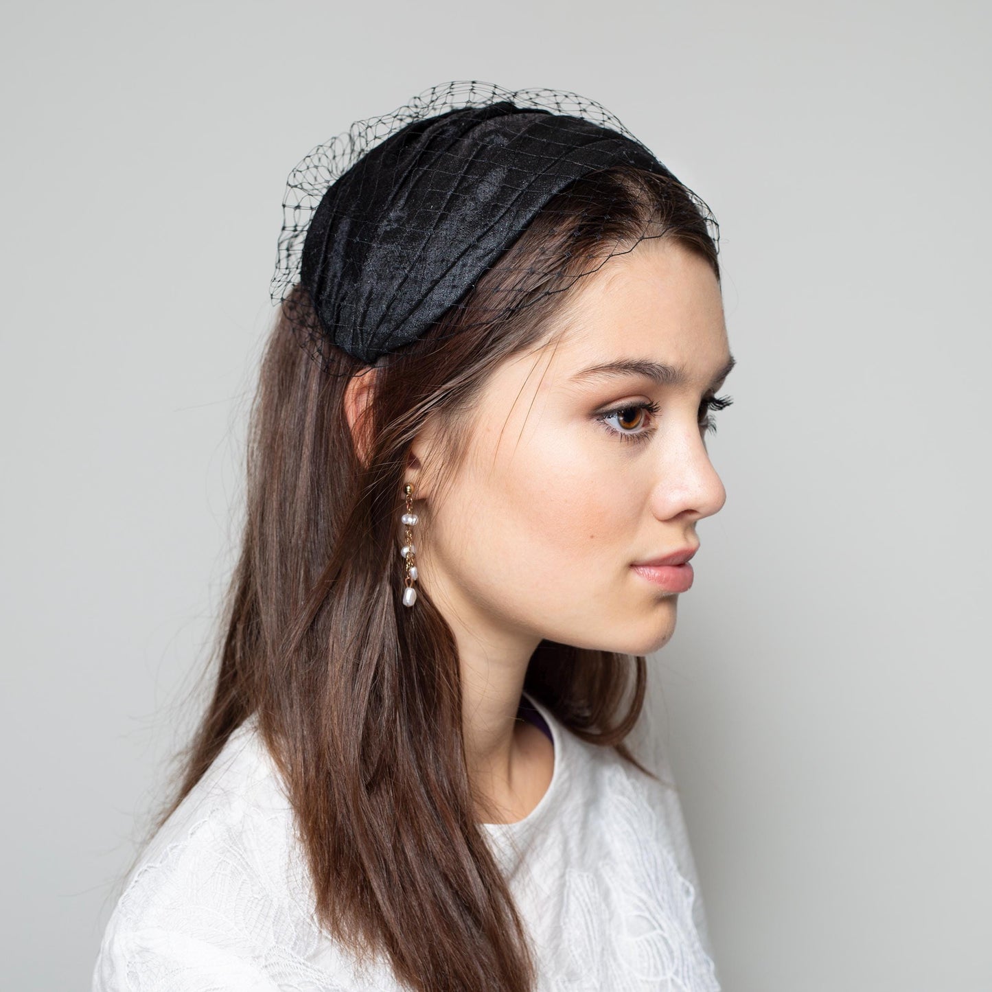 Black silk dupion draped hat cap with removable birdcage veil, special occasion headpiece in retro style