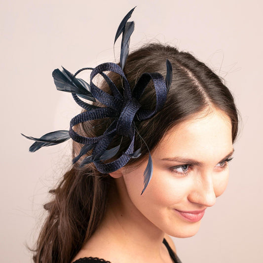 Navy Feather Fascinator, Sinamay Wedding Headpiece with Clip