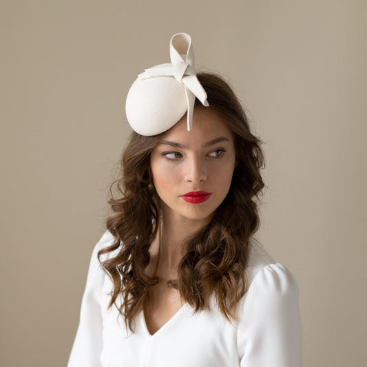 Ivory Pillbox Hat with double Bow for City Hall,  Wedding Fur felt Hat, Bridal cocktail Hat, Winter Wedding Pillbox Hat