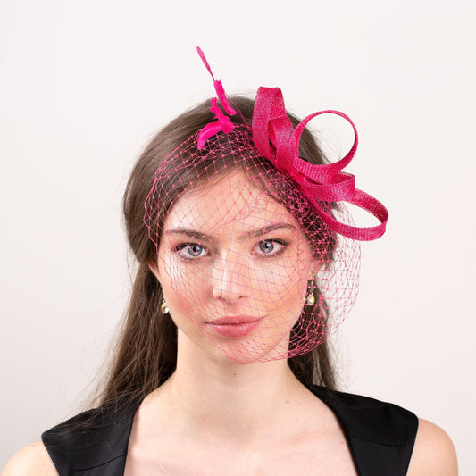 Raspberry Pink Feather Fascinator, Modern Birdcage Veil Headpiece for Occasions Formal Events