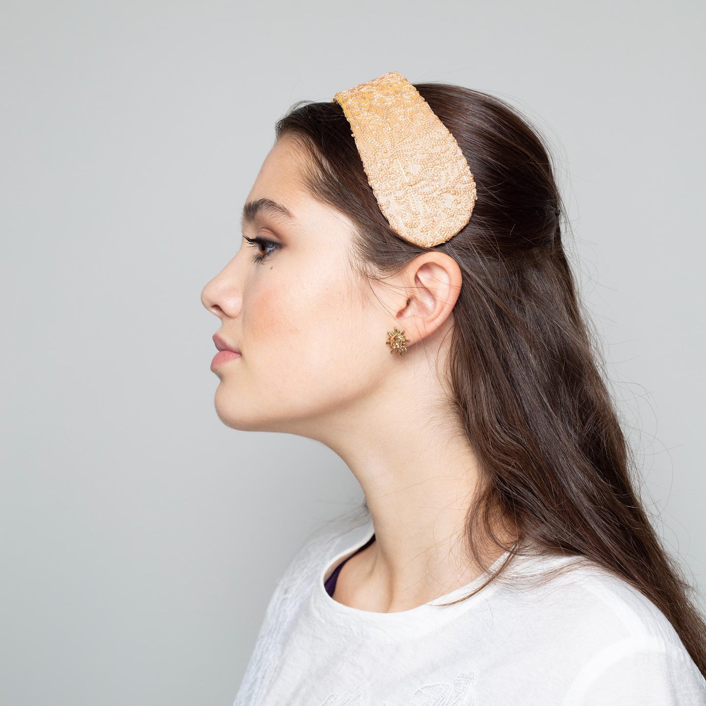 Peach Silk Headband – Embroidered Indian Silk Wide Millinery Headpiece, Bridal & Special Occasion Hair Accessory