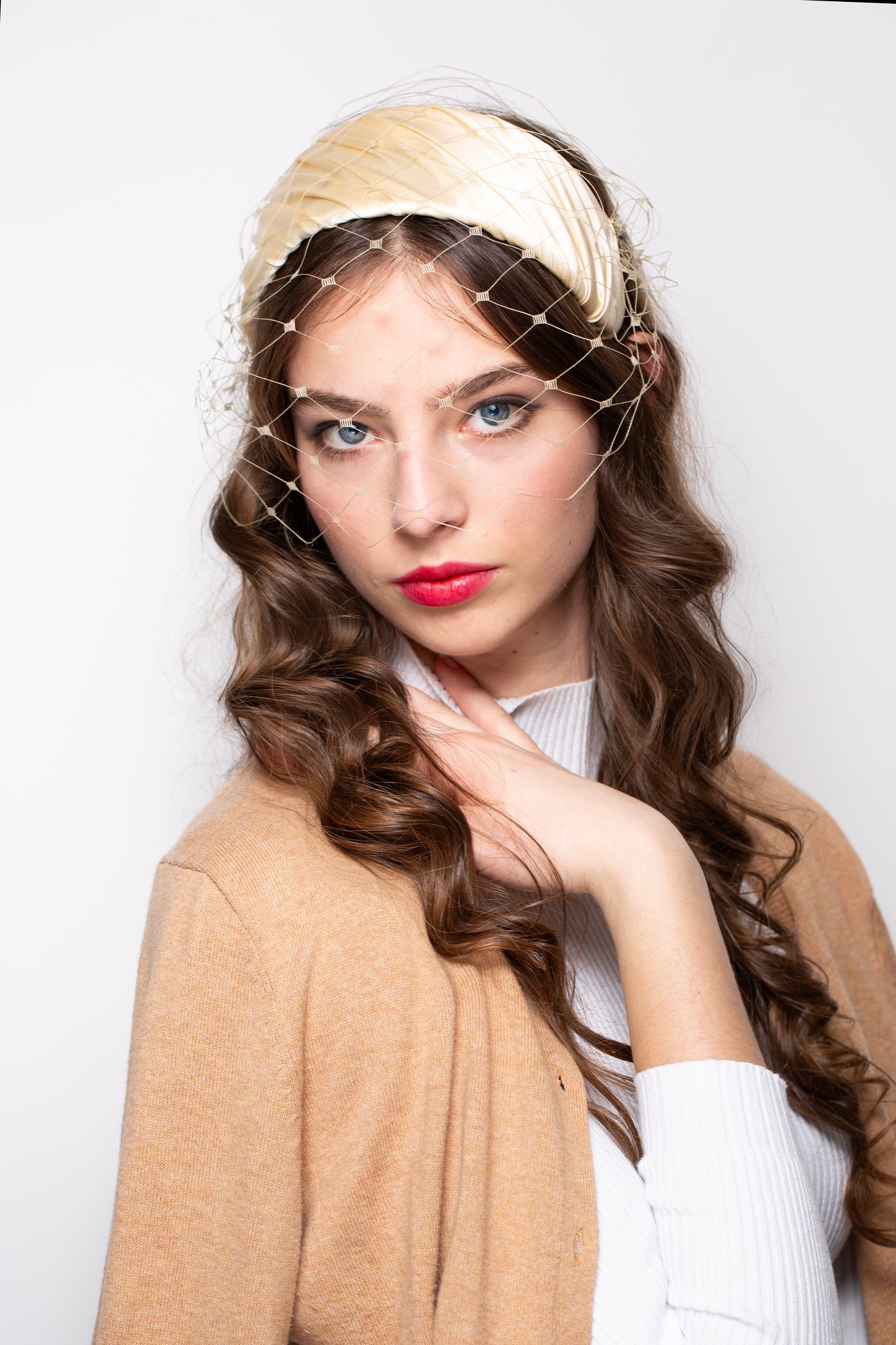 Golden Beige Silk Satin Headband with Vintage detachable Veil
