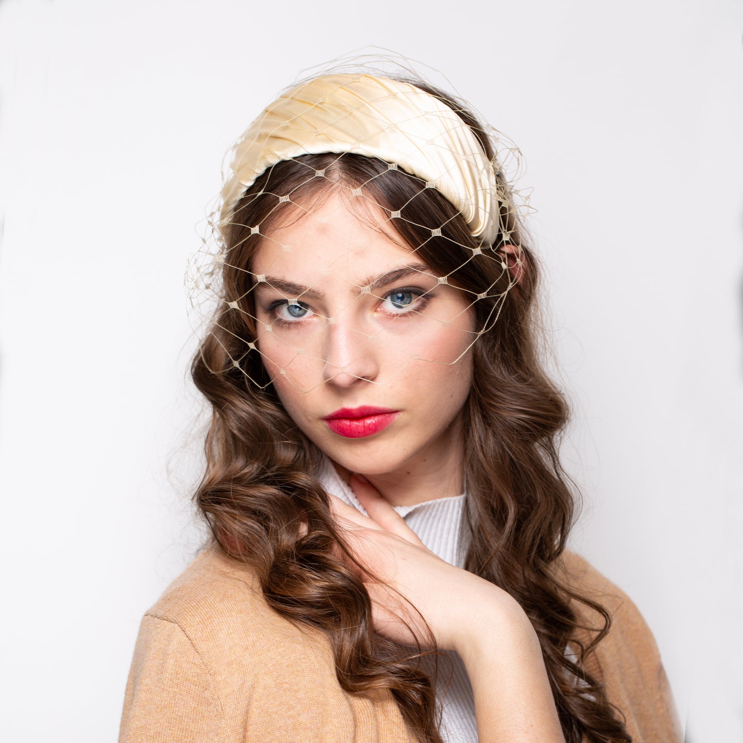 Golden Beige Silk Satin Headband with Vintage detachable Veil