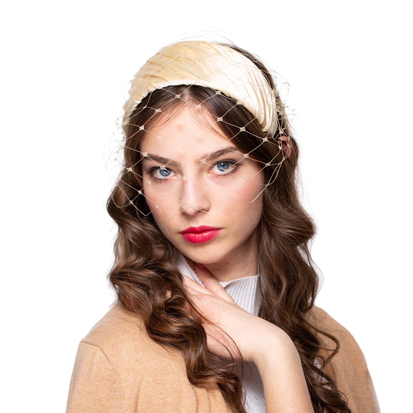 Golden Beige Silk Satin Headband with Vintage detachable Veil