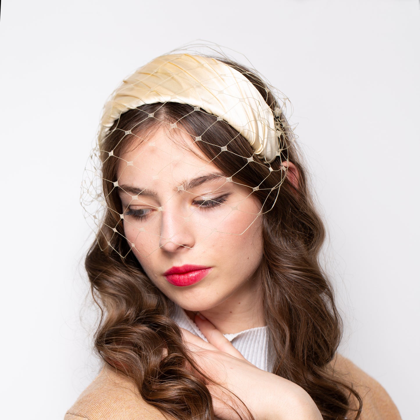 Golden Beige Silk Satin Headband with Vintage detachable Veil