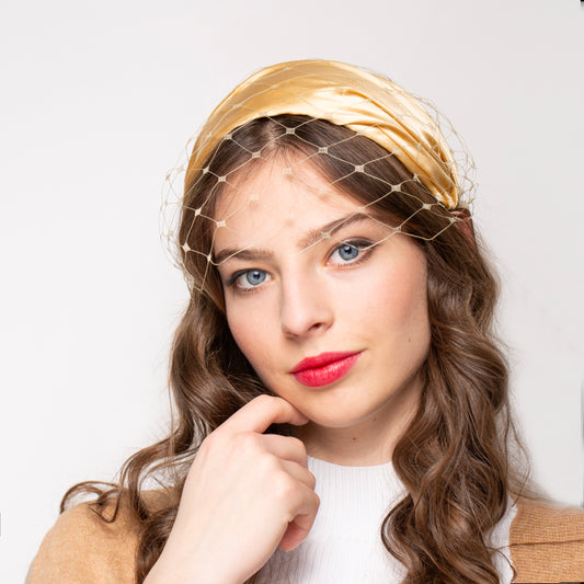 Mid-century Gold Silk Half Hat with Detachable Face Veil, Formal Event Millinery Wide Headband  with Netting