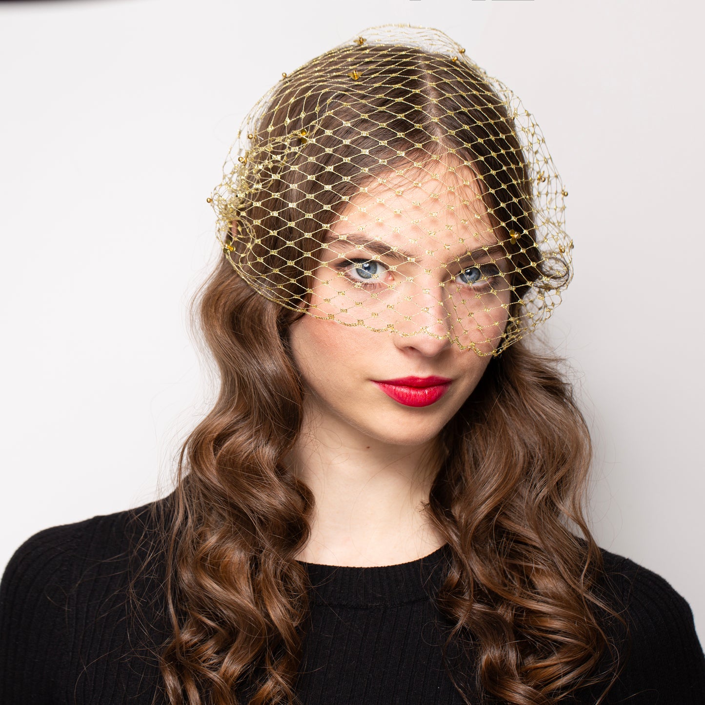 Gold Netting Face Veil with Flower Beads Accents, Luxury Party Gold Birdcage