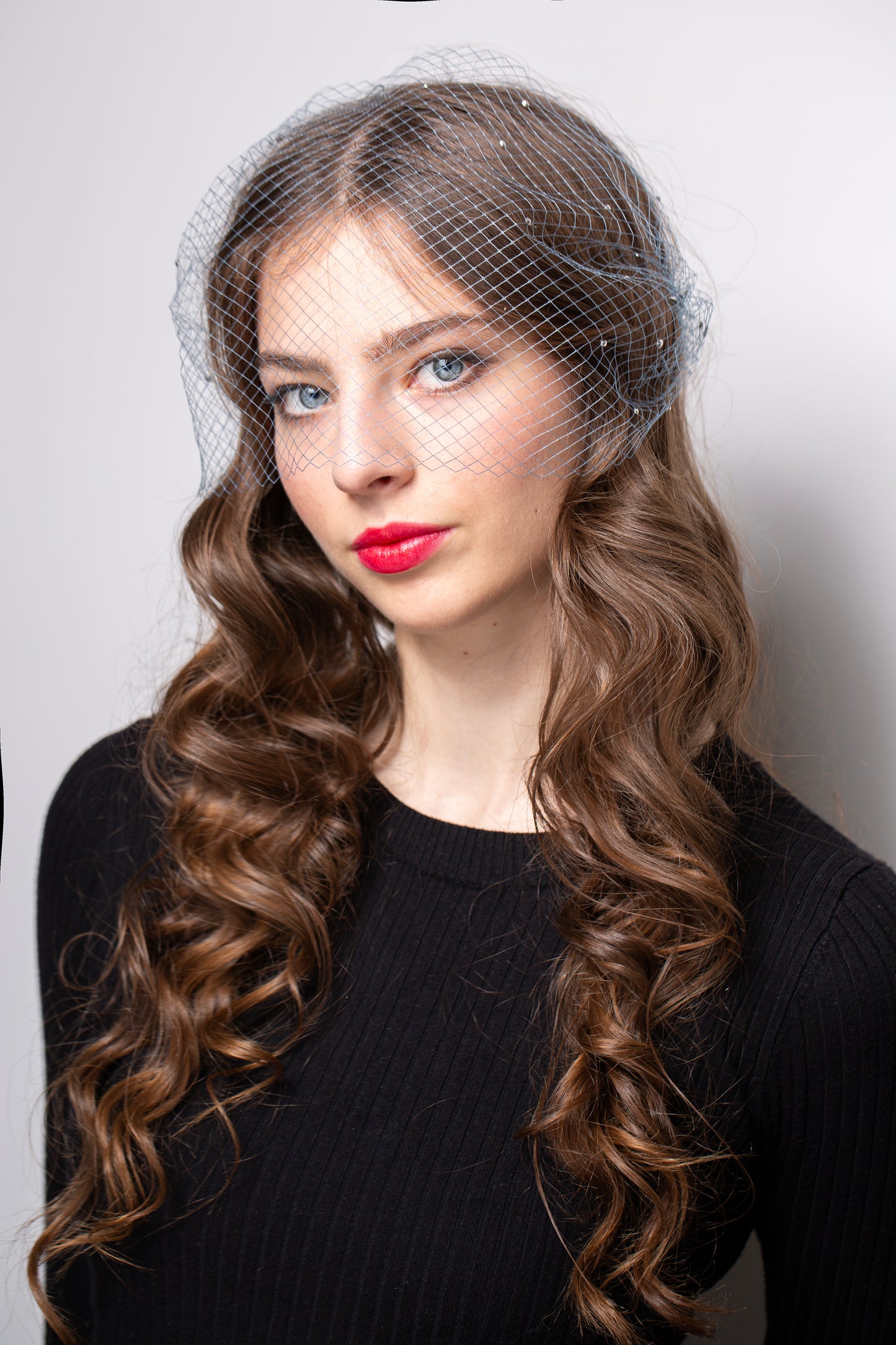Birdcage Veil in Steel Grey with Rhinestones Glamorous Netting Birdcage for occasions, parties, Grey Face Veil in 1920s Style