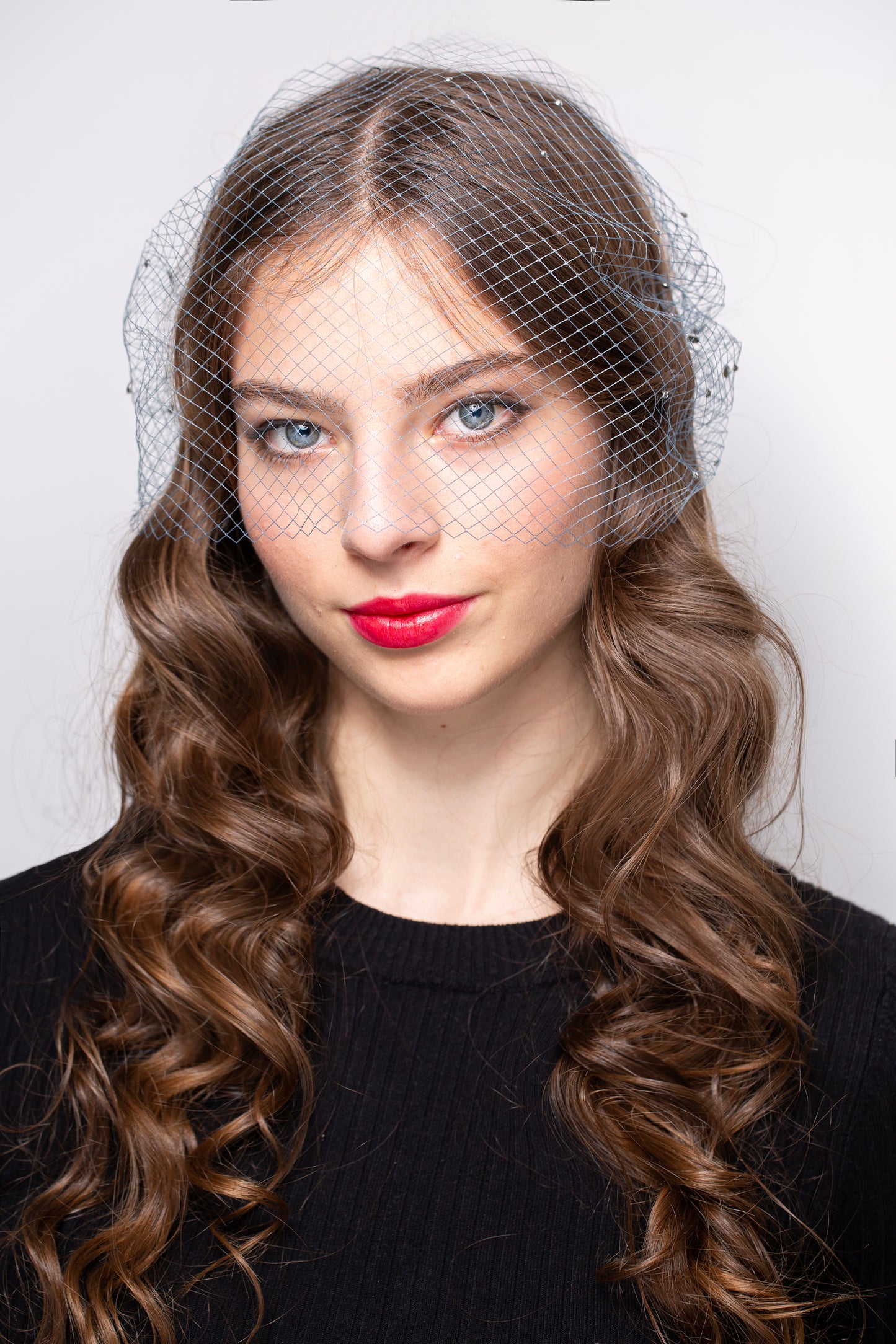 Birdcage Veil in Steel Grey with Rhinestones Glamorous Netting Birdcage for occasions, parties, Grey Face Veil in 1920s Style