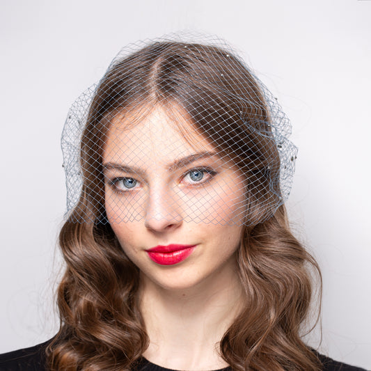 Birdcage Veil in Steel Grey with Rhinestones Glamorous Netting Birdcage for occasions, parties, Grey Face Veil in 1920s Style