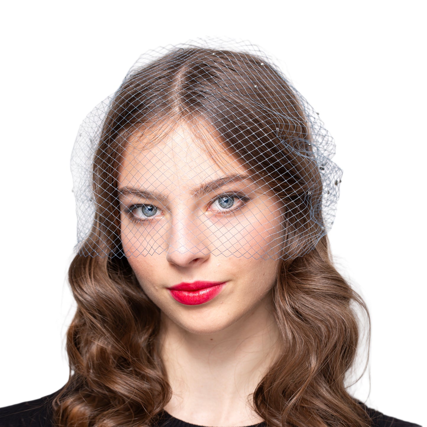 Birdcage Veil in Steel Grey with Rhinestones Glamorous Netting Birdcage for occasions, parties, Grey Face Veil in 1920s Style