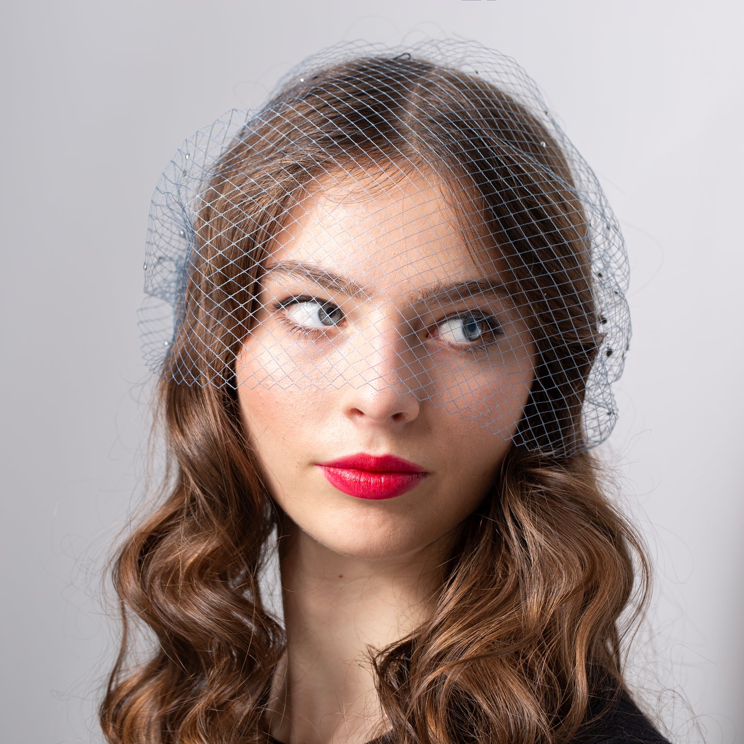 Birdcage Veil in Steel Grey with Rhinestones Glamorous Netting Birdcage for occasions, parties, Grey Face Veil in 1920s Style