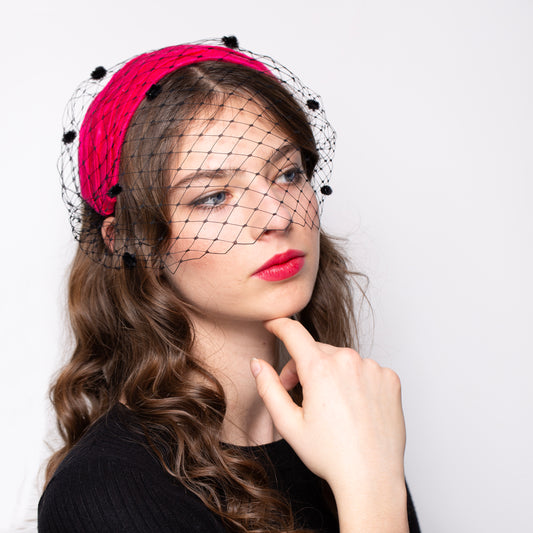 Hot Pink Ladies Hat Draped in Silk Dupion with dotted Black Netting Veil, Old Hollywood Style Headpiece, mid-century headpiece and birdcage