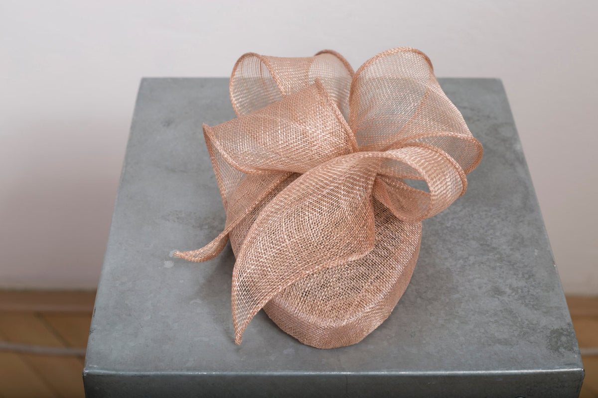 Elegant Pillbox with Swirl Trimming, Almond Beige Cocktail Hat, formal headpiece for wedding guest, abstract bow ladies hat, tea party hat
