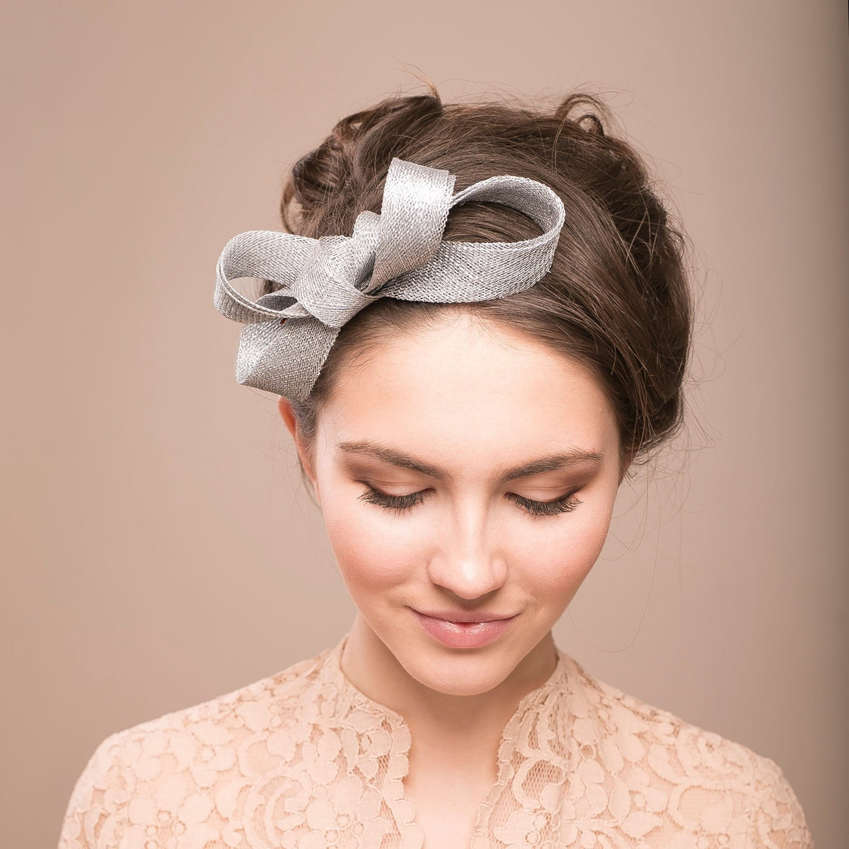 Silver Bridal Bow Fascinator: Minimalist Wedding Headpiece for Formal Events, Occasions