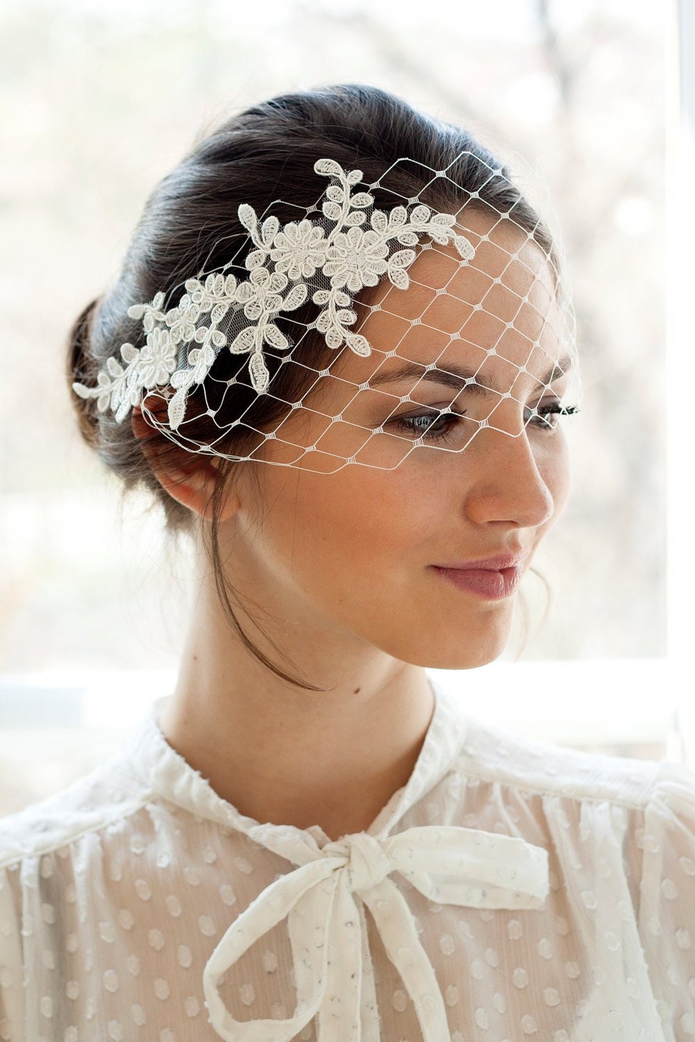 Bridal petite bandeau veil with floral lace, short wedding veil