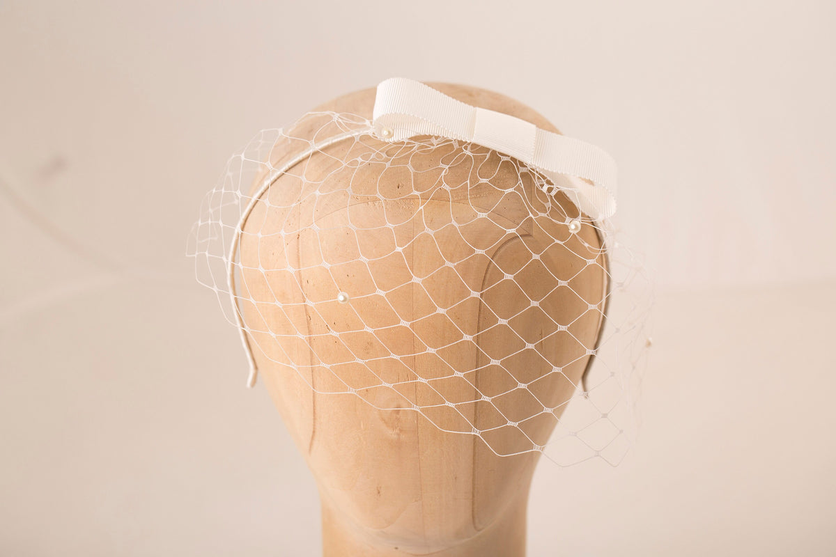 Ivory Bridal Birdcage Veil: Bow Headband, Pearl Detail