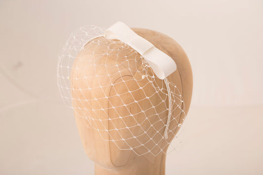 Ivory Bridal Birdcage Veil: Bow Headband, Pearl Detail