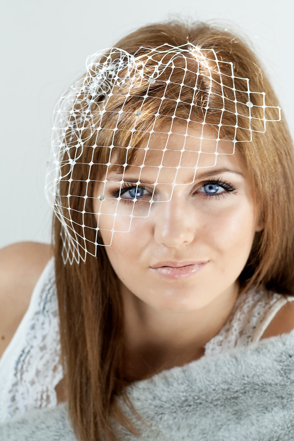 Rhinestone Bridal Birdcage Veil: Handcrafted French Netting Veil for Wedding