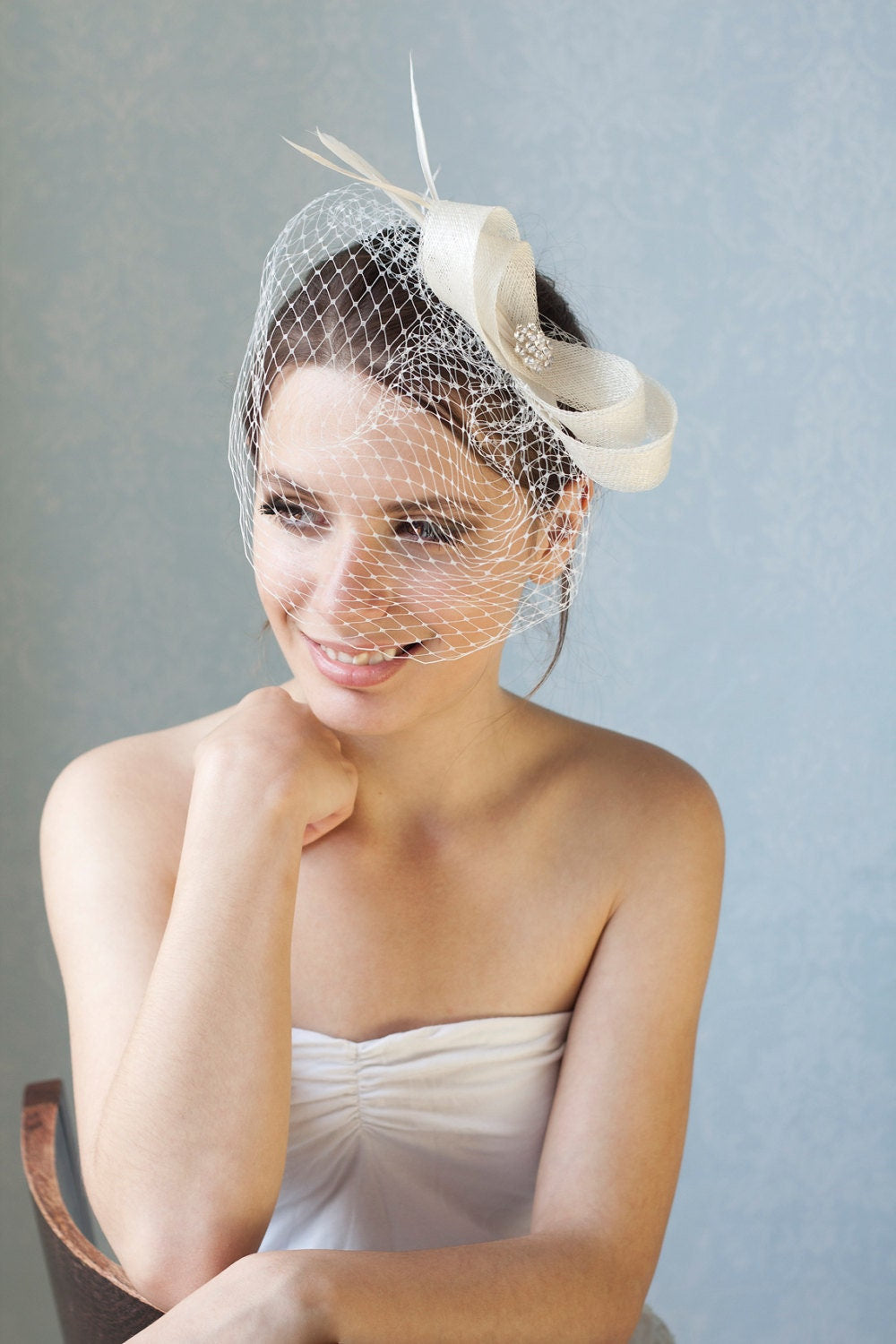 Ivory Bridal Bow Fascinator: Rhinestone, Birdcage Veil