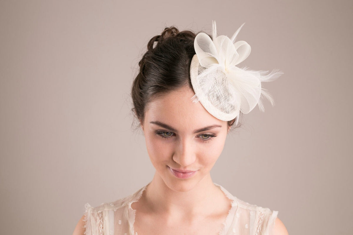 Bridal Sinamay Mini Hat, Occasion Fascinator, Feather Flower Formal Headpiece, Bridal Hat, Wedding Hat