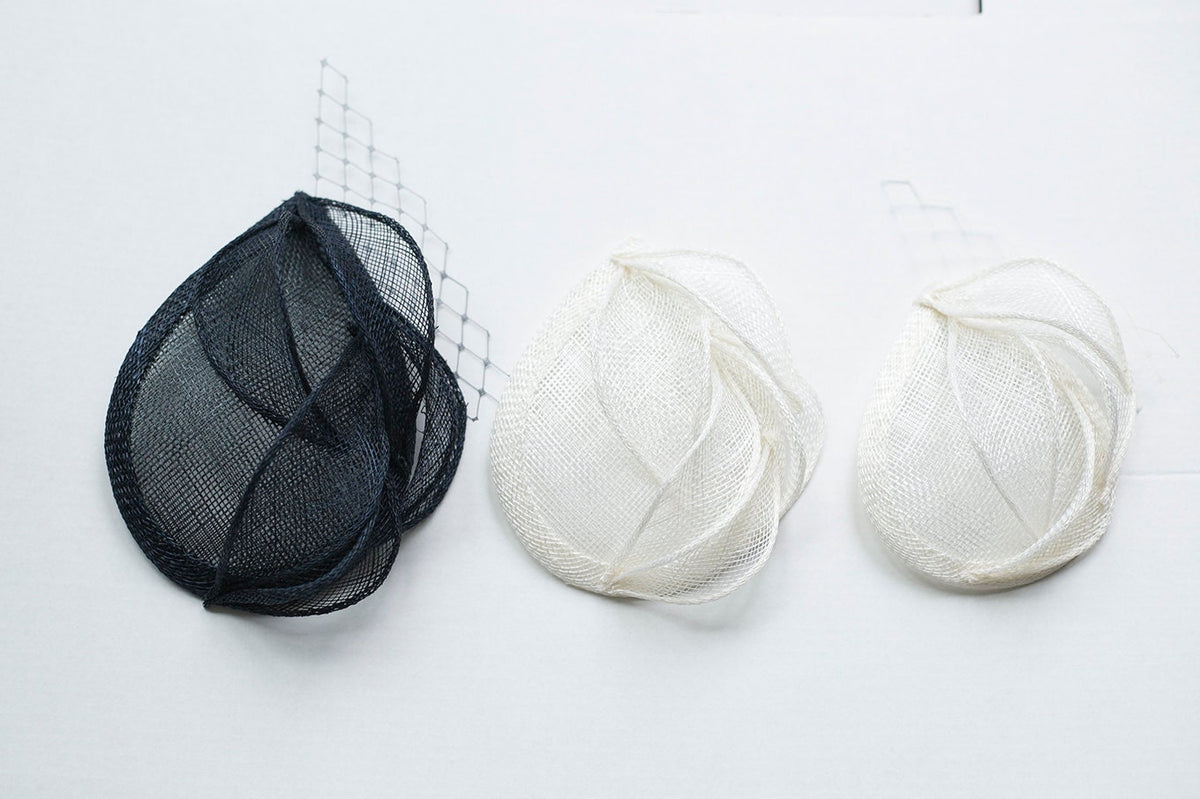 Navy Sinamay Hat, Women Fascinator with Leaves and Netting
