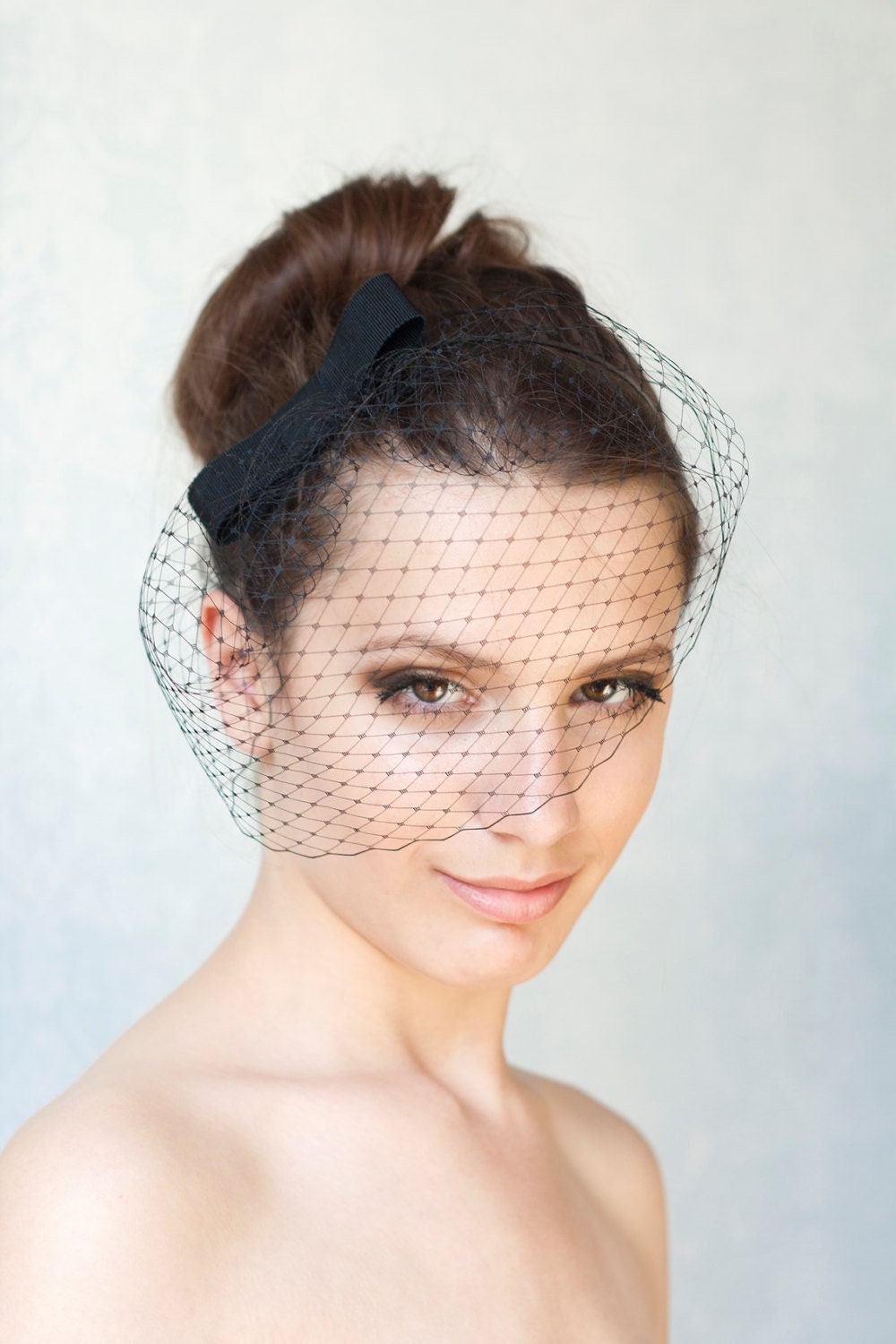 Black Bow Birdcage on Headband, Bow Veil Fascinator with Short Face Veil