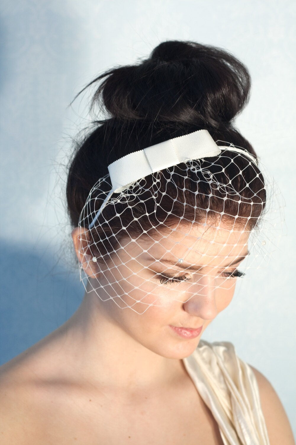 Ivory Wedding Birdcage Veil: Pearl Bridal Headband with Bow
