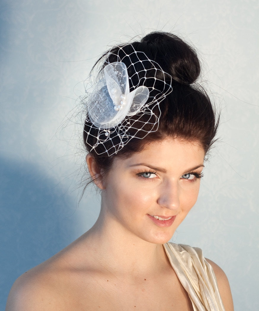 Bridal Pearl Fascinator, White Netting Headpiece, Wedding Hair Clip