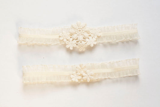 Cream Floral Lace Bridal Garter Set: Cotton Wedding Garters