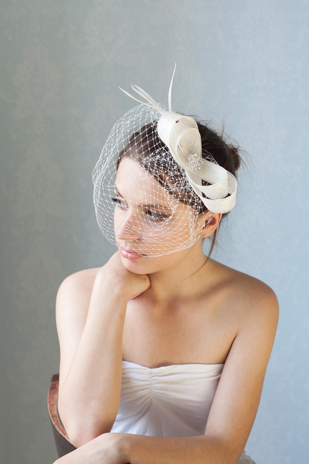 Ivory Bridal Bow Fascinator: Rhinestone, Birdcage Veil