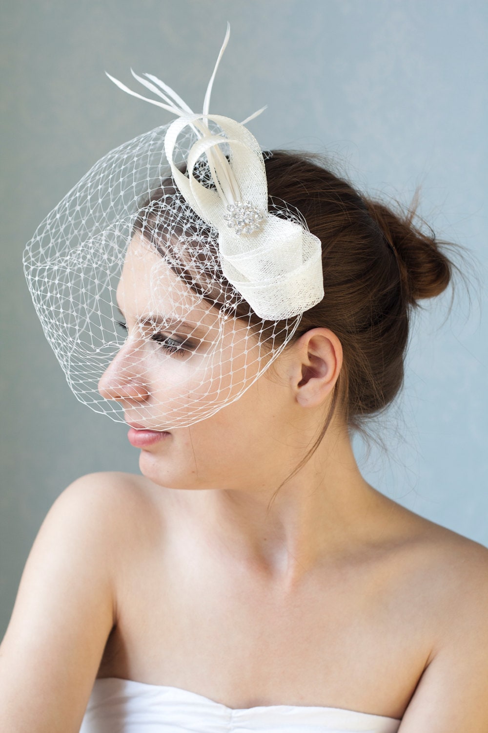 Ivory Bridal Bow Fascinator: Rhinestone, Birdcage Veil
