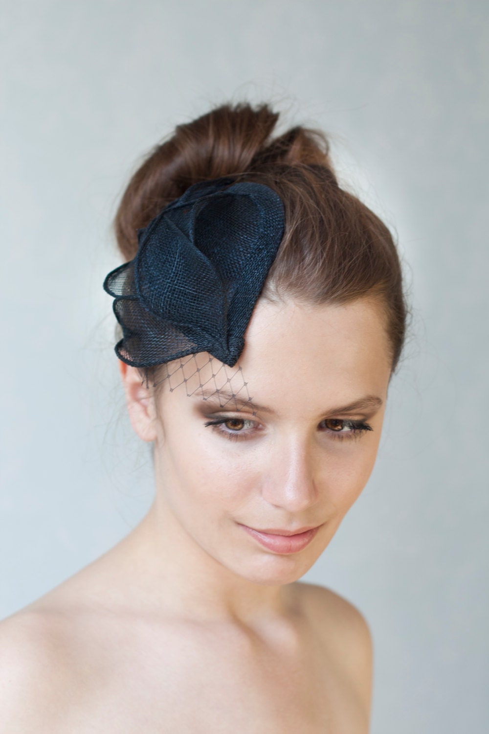 Navy Sinamay Hat, Women Fascinator with Leaves and Netting
