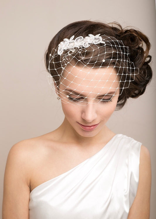 Civil Wedding Lace and Pearl Veil with Pearl Beaded Lace Short Bridal Veil Scattered Pearl Veil Pearl-Adorned Veil City Hall Wedding Veil