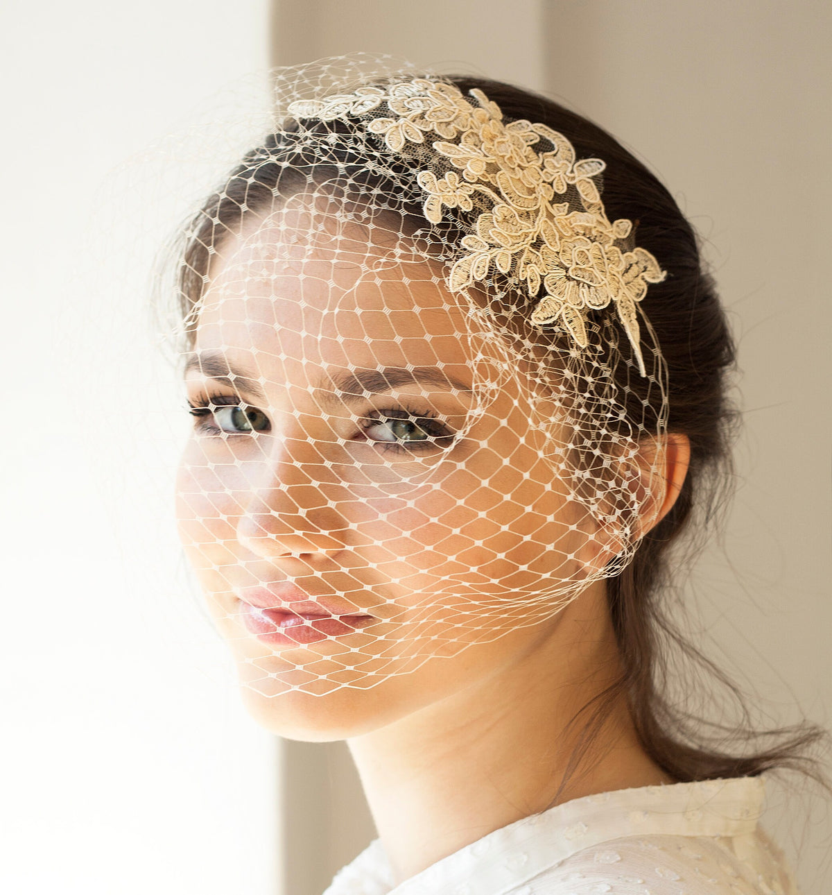 Light beige lace birdcage veil, wedding birdcage with floral lace headpiece, bridal lace headpiece veil in nude, french birdcage in nude