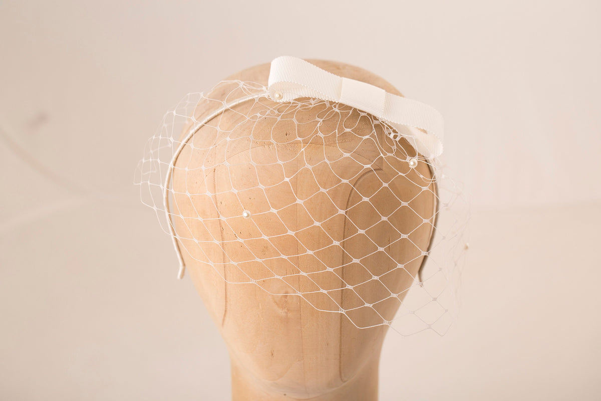 Ivory Wedding Birdcage Veil: Pearl Bridal Headband with Bow