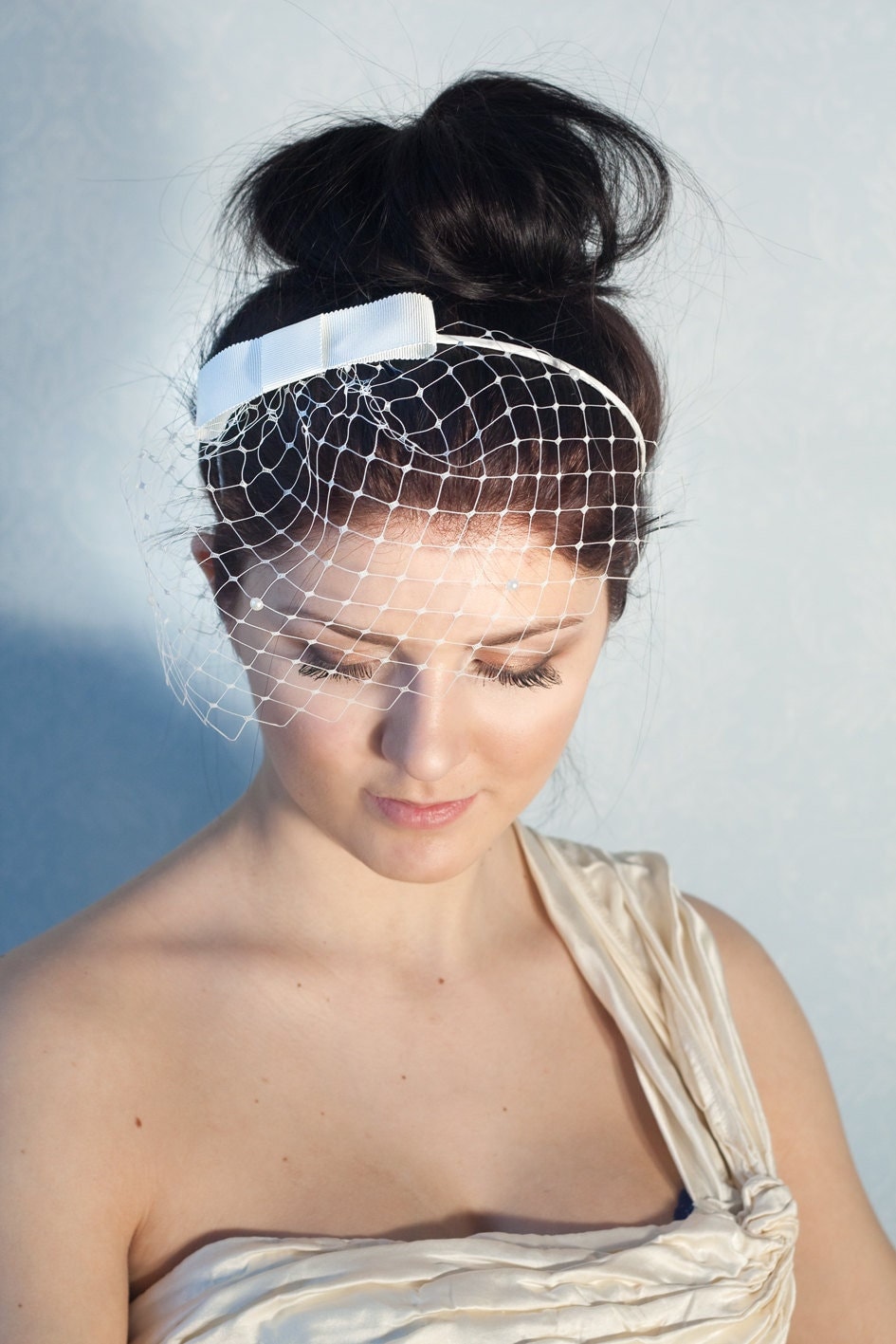 Ivory Wedding Birdcage Veil: Pearl Bridal Headband with Bow
