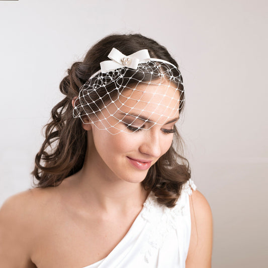 Bridal bow headband with birdcage and pearl center, headband birdcage, ivory bow birdcage