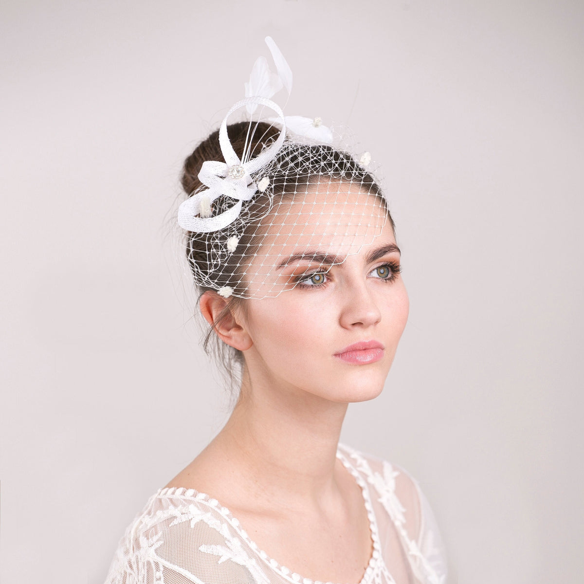 Bridal Feather Fascinator: Dotted Birdcage Veil, Rhinestone Center