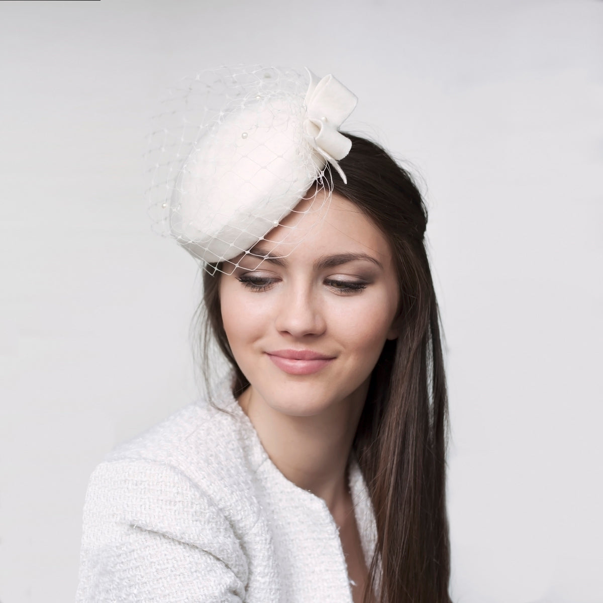 Bridal Pillbox Hat, Felt Winter Wedding Hat with Bow & Birdcage Veil