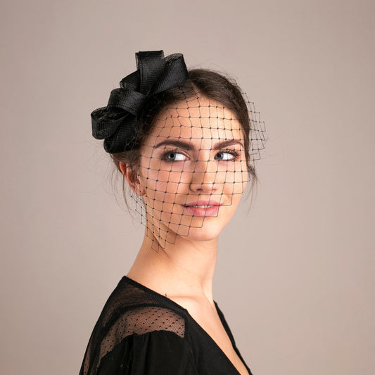 Black Bow Fascinator, Modern Birdcage Headpiece for Wedding Guests, Party, Occasion, Funerals