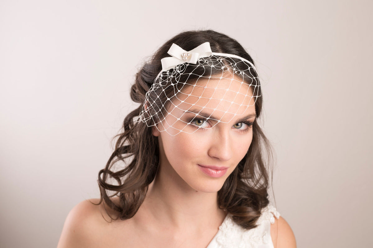 Bridal bow headband with birdcage and pearl center, headband birdcage, ivory bow birdcage