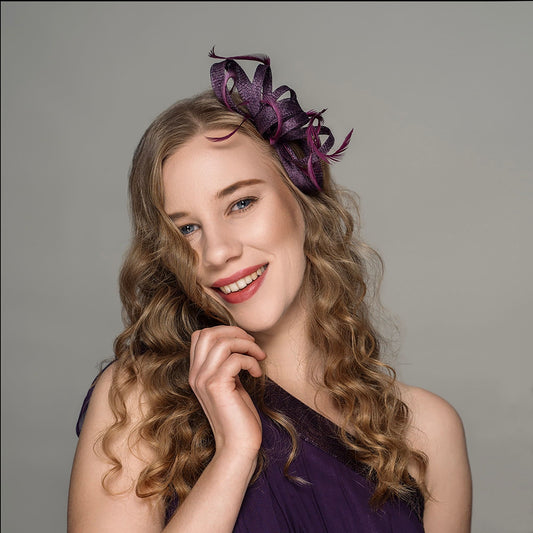 Aubergine Feather Fascinator – Eggplant Sinamay Headpiece on Clip – Elegant Wedding & Race Day Hair Accessory