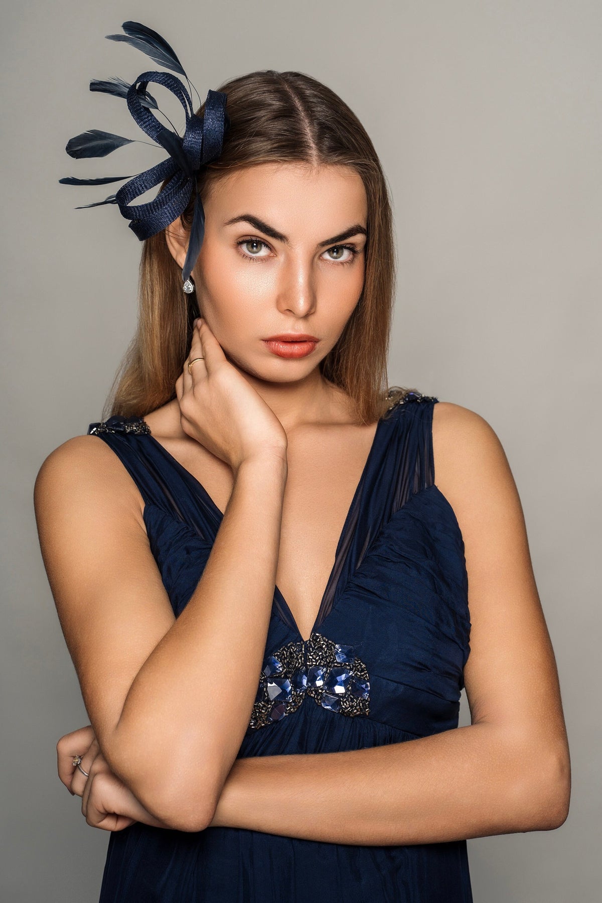 Occasion Women Fascinator in Navy,  Wedding Guest Feather Headpiece