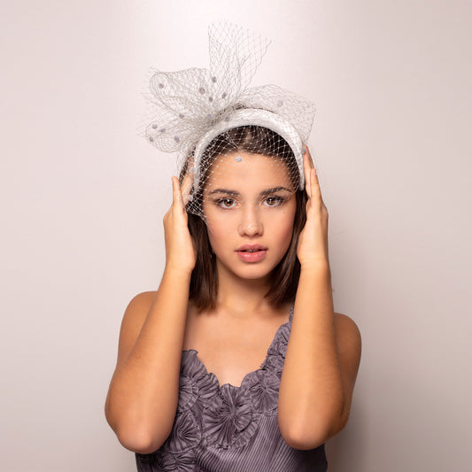 Silk velvet wide headband with veil in light grey, veiled velvet headband, nose-length birdcage headpiece, birdcage on comfortable headband