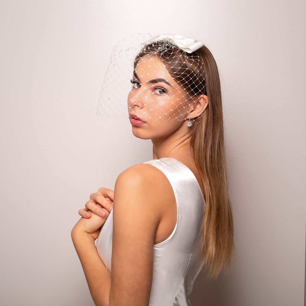 Bridal Birdcage Veil with Bow and Rhinestones for Civil Wedding & City Hall Elopement