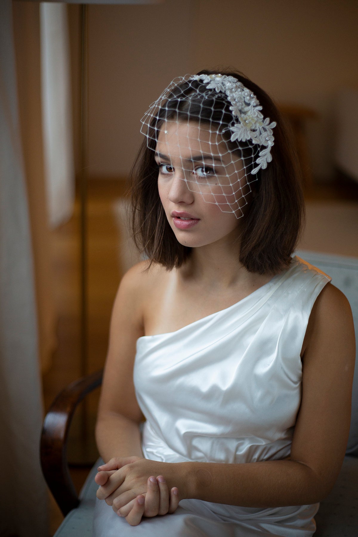 Ivory Lace Birdcage Veil – Bridal Hairpiece with Pearls, Vintage-Inspired Wedding Veil, Short Angled Veil