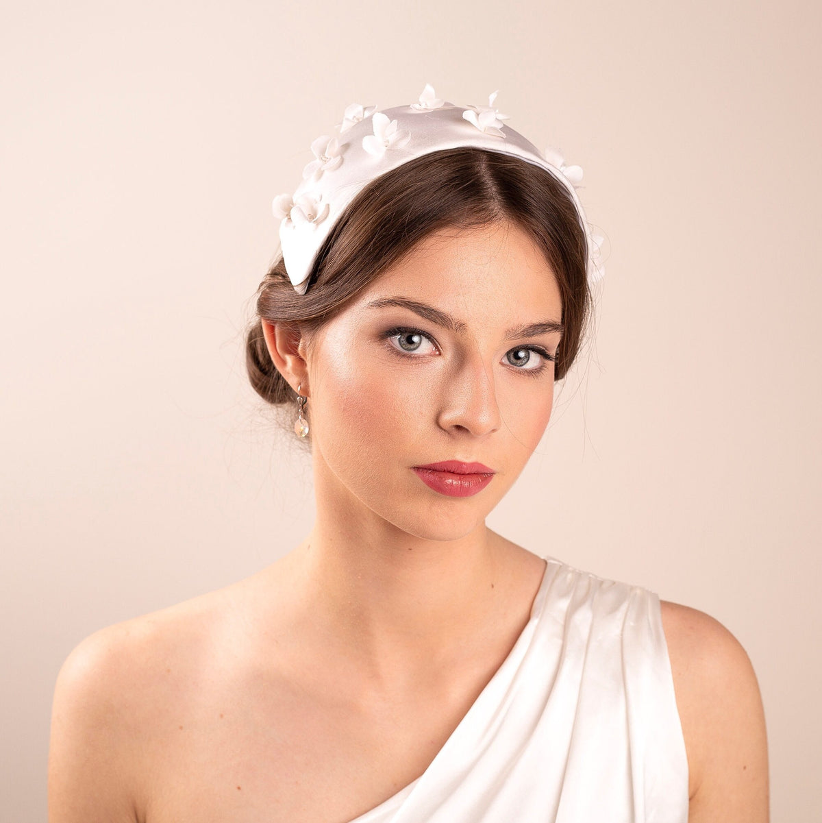 Silk Satin Flowers Wedding Half Hat, Vintage inspired Silk and Crystals Cap Headpiece in white