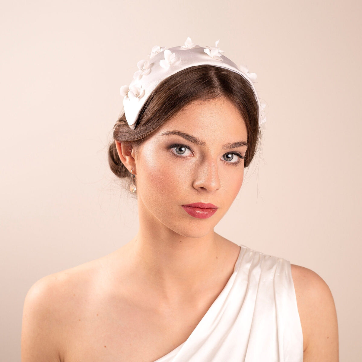 Silk Satin Wedding Half Hat with Removable Bandeau Veil, Vintage Bridal Headpiece with Crystals, Birdcage Veil on Two Pins